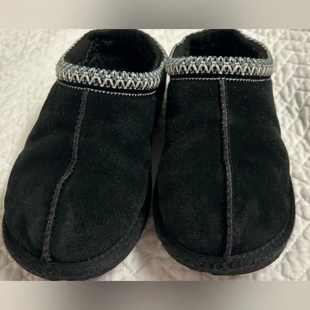 Authentic Kids’ Tasman UGG Black Suede Slip-Ons with Embroidered Trim - Picture 7 of 10